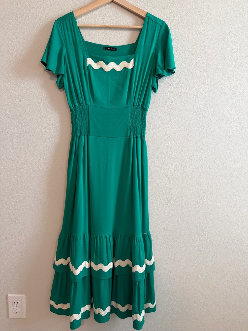 Green Midi Dress with White Wave Trim by R. R. Renoir